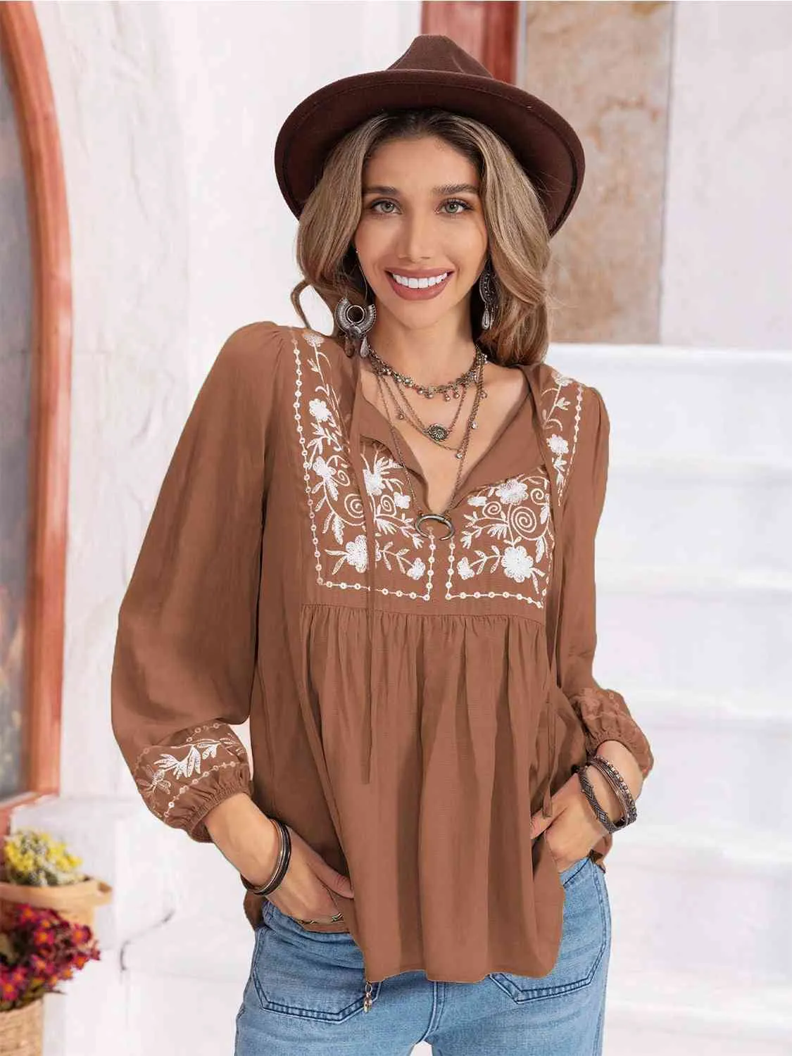 Floral Tie Neck Balloon Sleeve Blouse (6 Colors)