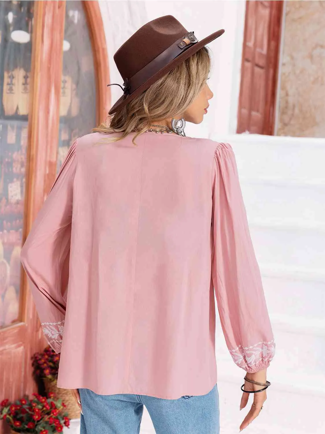 Floral Tie Neck Balloon Sleeve Blouse (6 Colors)