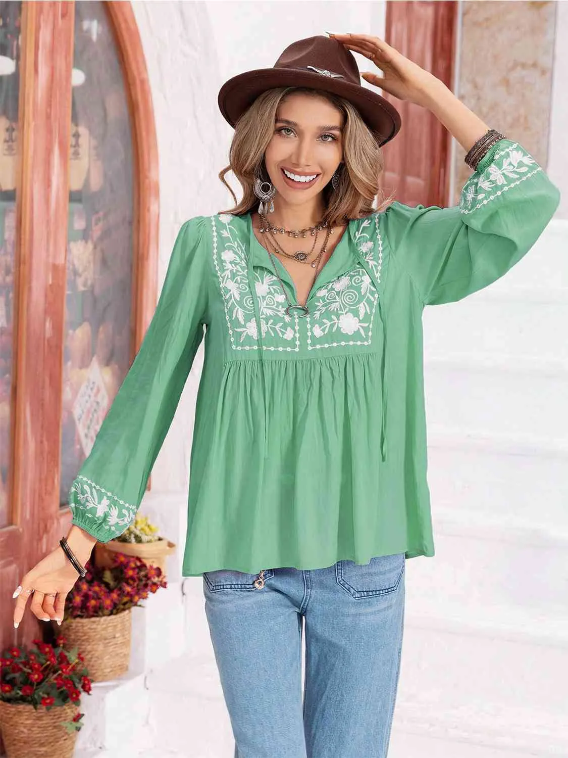 Floral Tie Neck Balloon Sleeve Blouse (6 Colors)