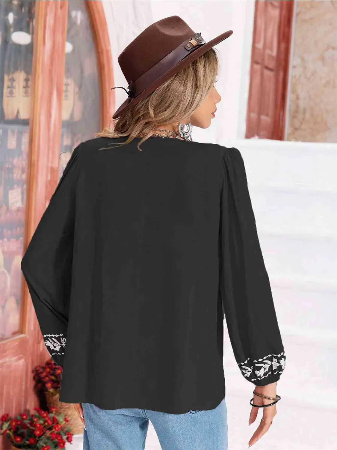 Floral Tie Neck Balloon Sleeve Blouse (6 Colors)