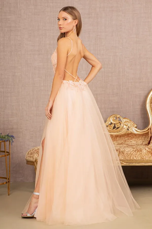 Flower Applique Sheer Front Cut-out Side Mesh A-line Dress