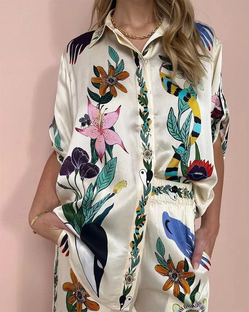 Flower jungle print casual two-piece set