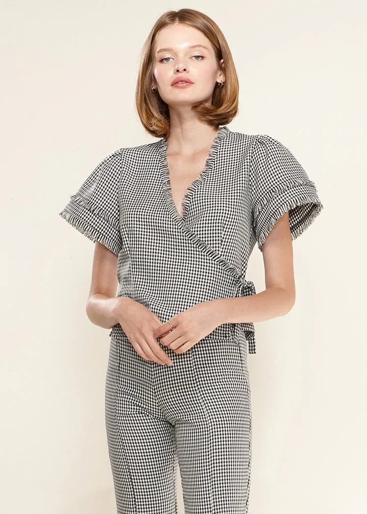 Fringe Trim Gingham Wrap Blouse by Shop at Konus