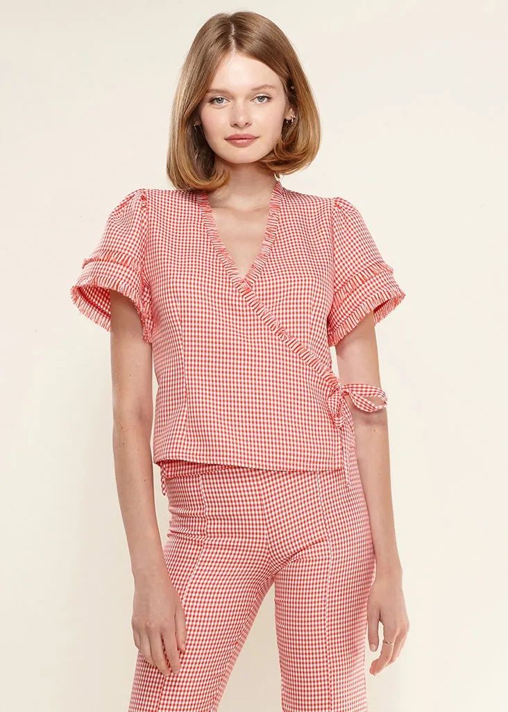 Fringe Trim Gingham Wrap Blouse by Shop at Konus