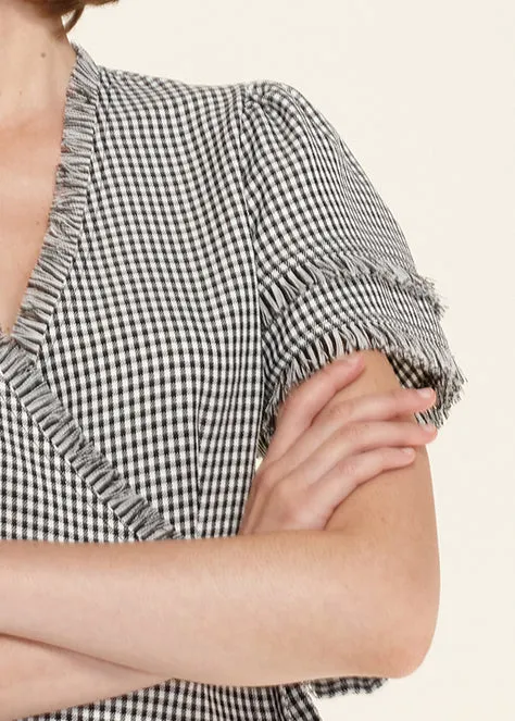 Fringe Trim Gingham Wrap Blouse by Shop at Konus