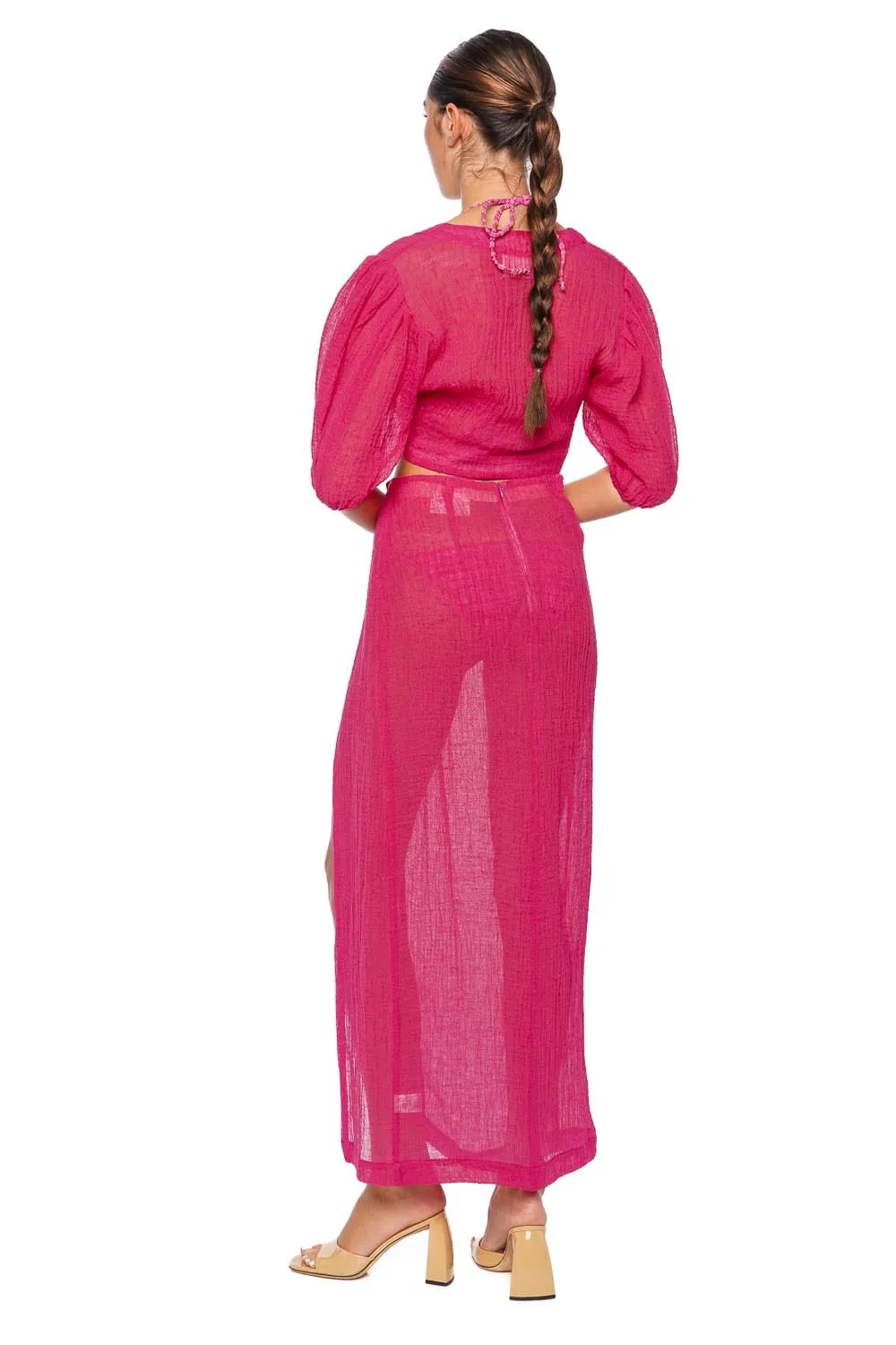 Fuchsia Gauze Pouf Tie Blouse