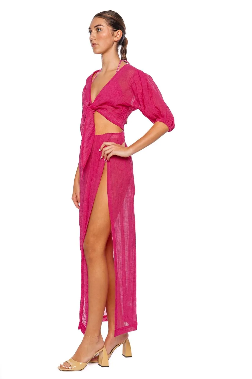 Fuchsia Gauze Pouf Tie Blouse