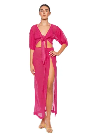 Fuchsia Gauze Pouf Tie Blouse