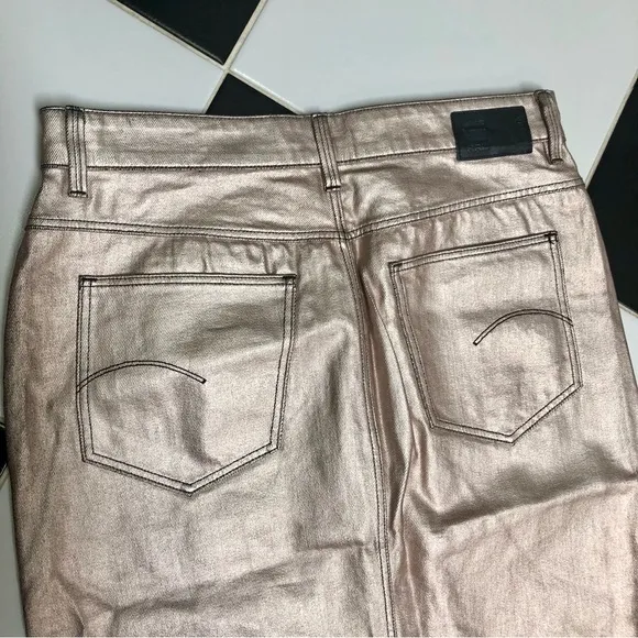 G-Star Raw Noxer Champagne Gold Coated Denim Pencil Skirt Button Front Jean sz L