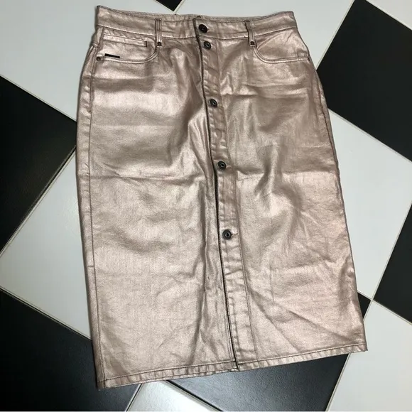 G-Star Raw Noxer Champagne Gold Coated Denim Pencil Skirt Button Front Jean sz L