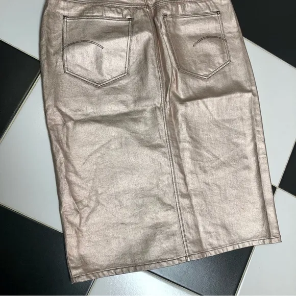 G-Star Raw Noxer Champagne Gold Coated Denim Pencil Skirt Button Front Jean sz L