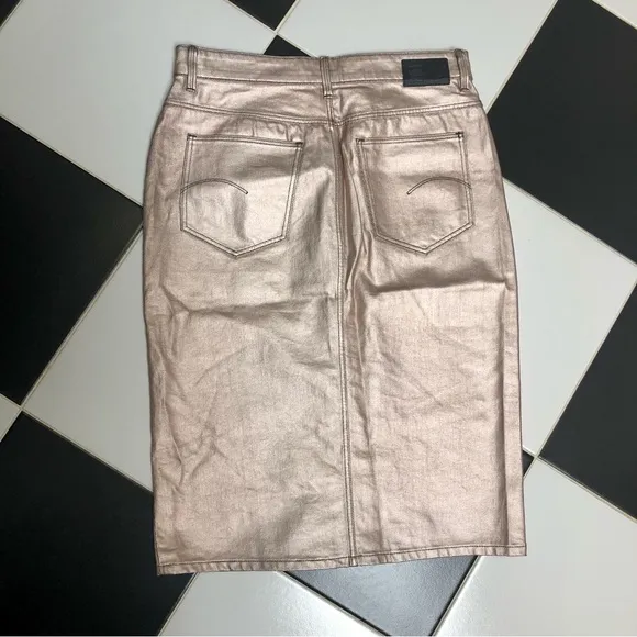 G-Star Raw Noxer Champagne Gold Coated Denim Pencil Skirt Button Front Jean sz L