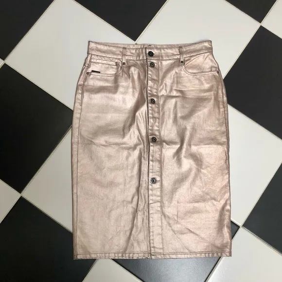 G-Star Raw Noxer Champagne Gold Coated Denim Pencil Skirt Button Front Jean sz L