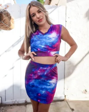 Galaxy Outfit for Women: Crop Top with V Collar and Mini Skirt