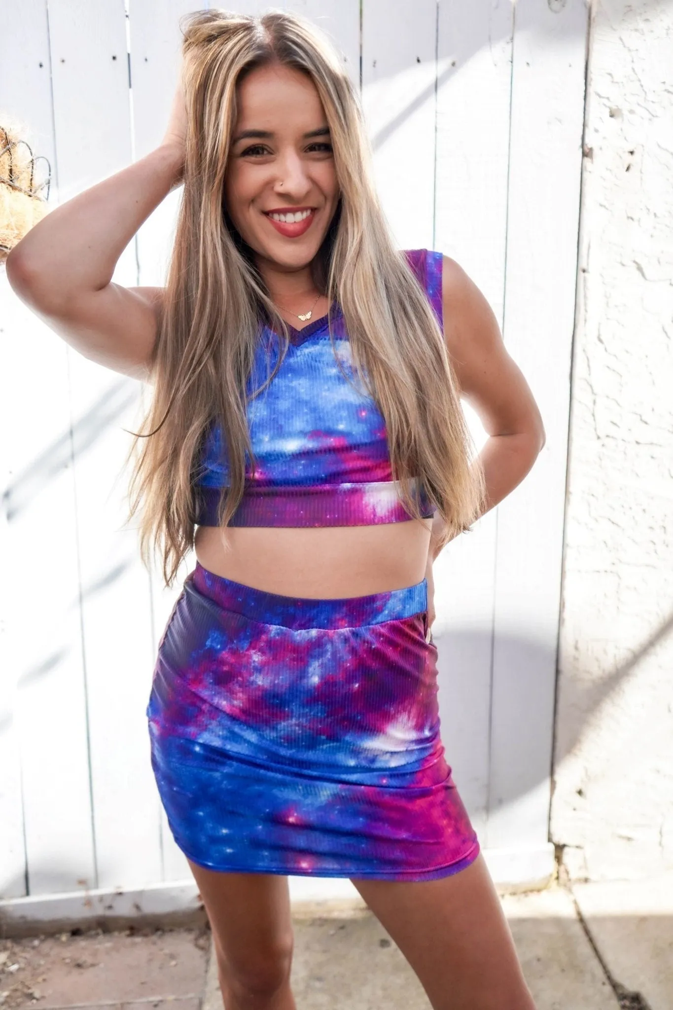 Galaxy Outfit for Women: Crop Top with V Collar and Mini Skirt