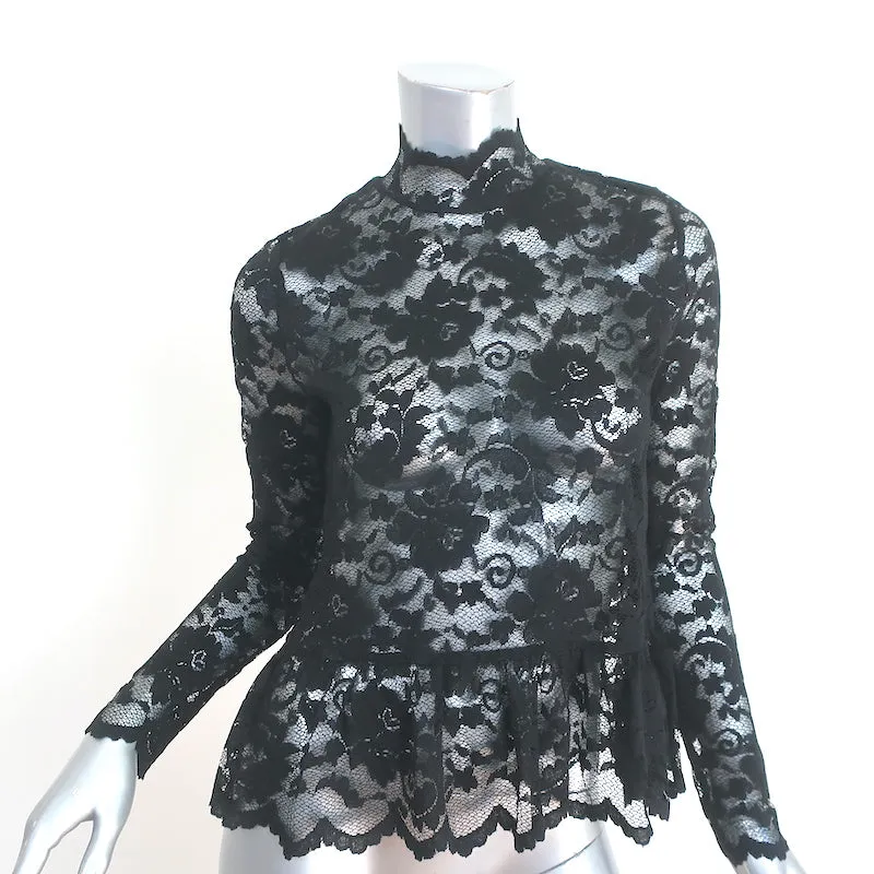 GANNI Lace Peplum Top Black Size 38 Long Sleeve Turtleneck Blouse