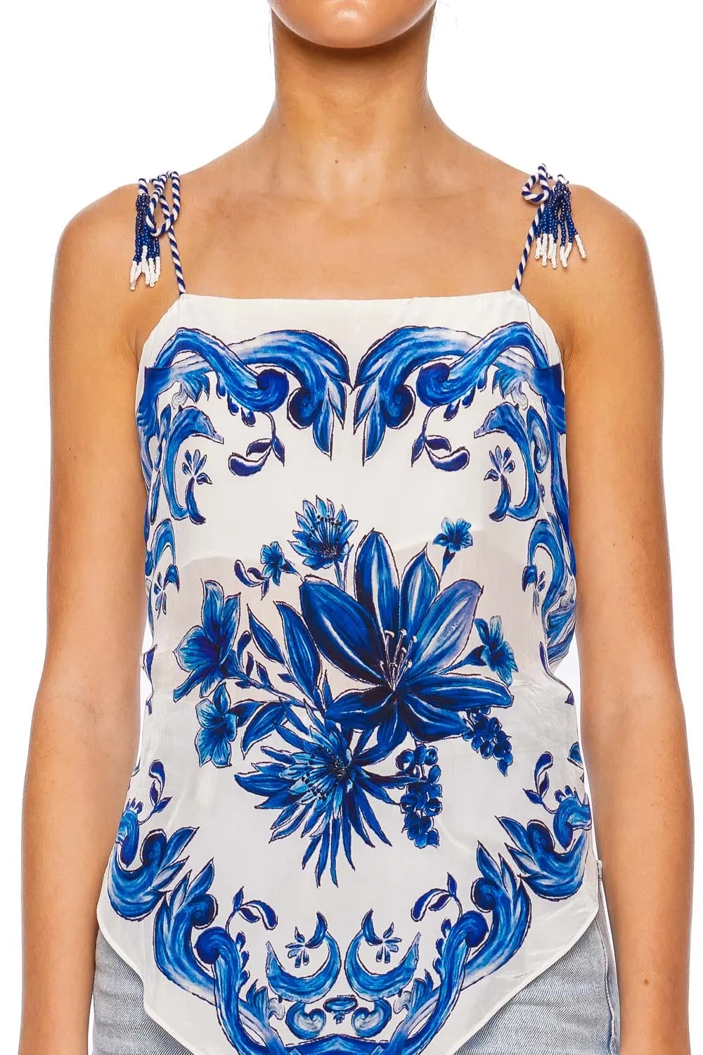 Garden Tiles Tie Shoulder Scarf Blouse
