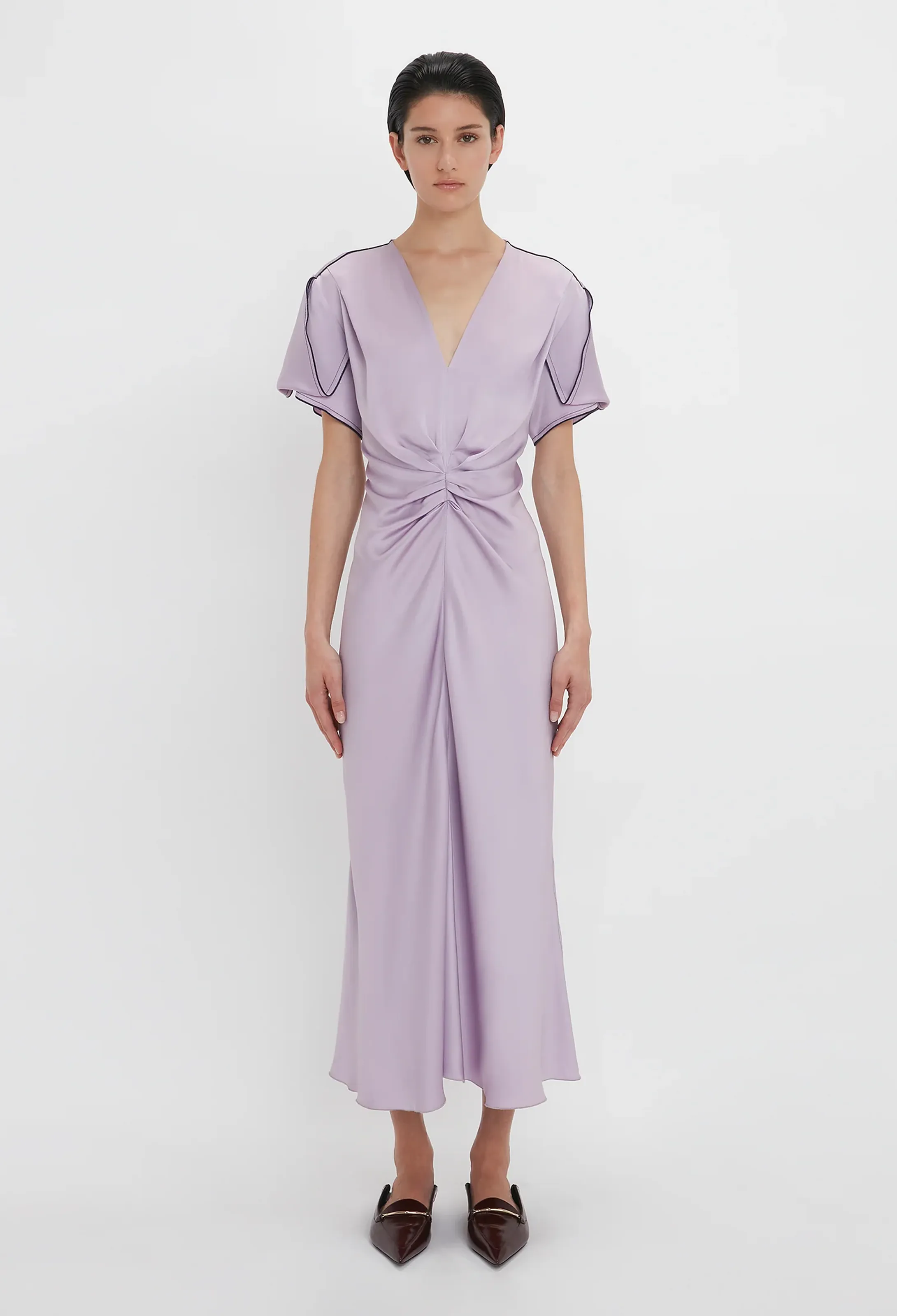 Gathered V-Neck Midi Dress