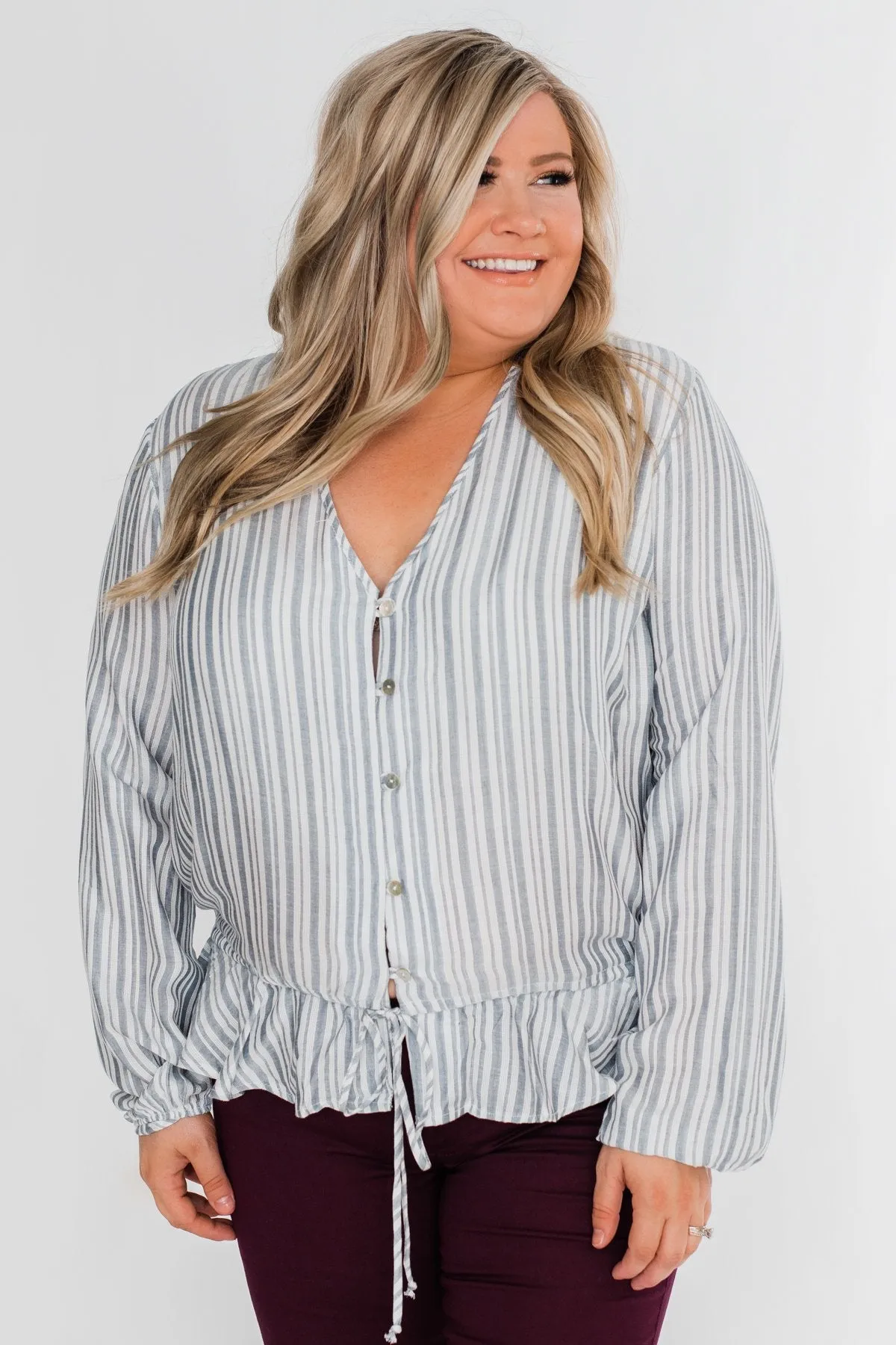 Get To You Striped Blouse- Ivory & Denim Blue