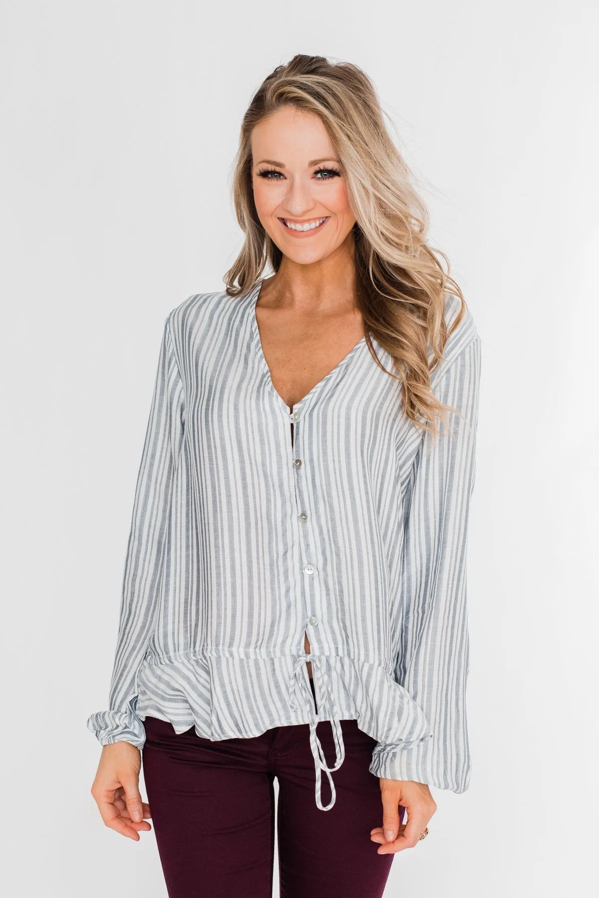 Get To You Striped Blouse- Ivory & Denim Blue