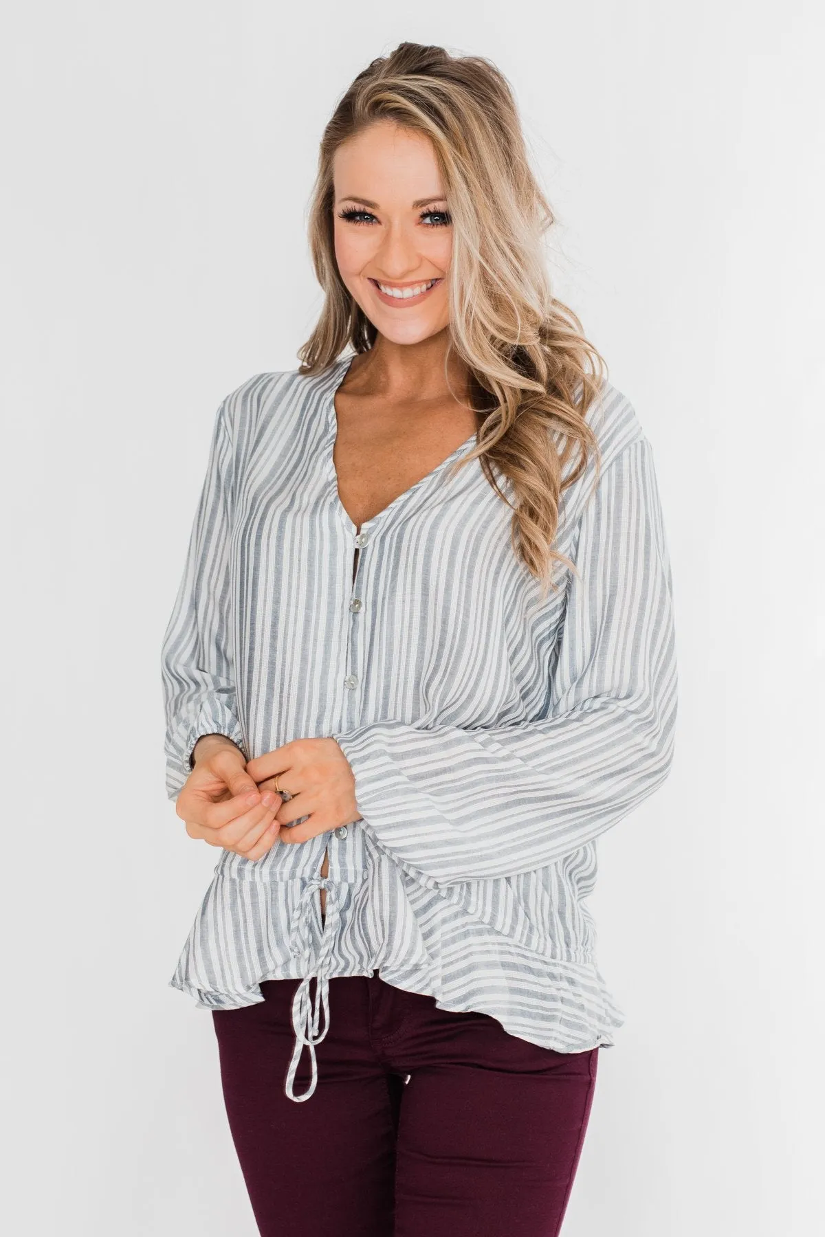 Get To You Striped Blouse- Ivory & Denim Blue