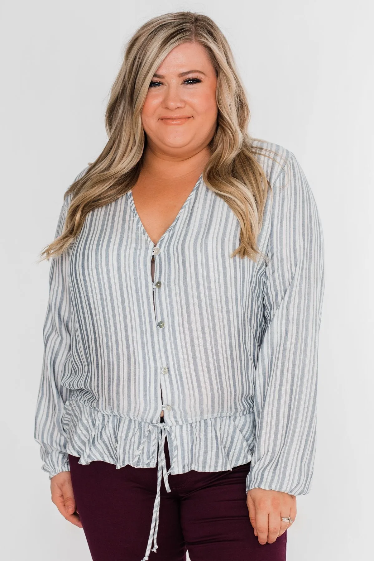 Get To You Striped Blouse- Ivory & Denim Blue