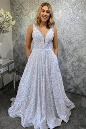 Glitter V-Neck White A-Line Prom Dress with Pockets