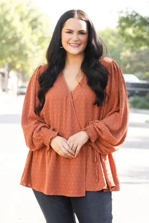 Gold Flame Plus Size Swiss Dot Tie Side Peplum Blouse