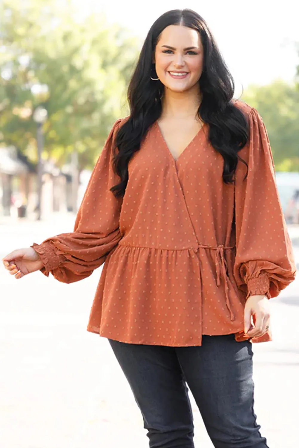Gold Flame Plus Size Swiss Dot Tie Side Peplum Blouse