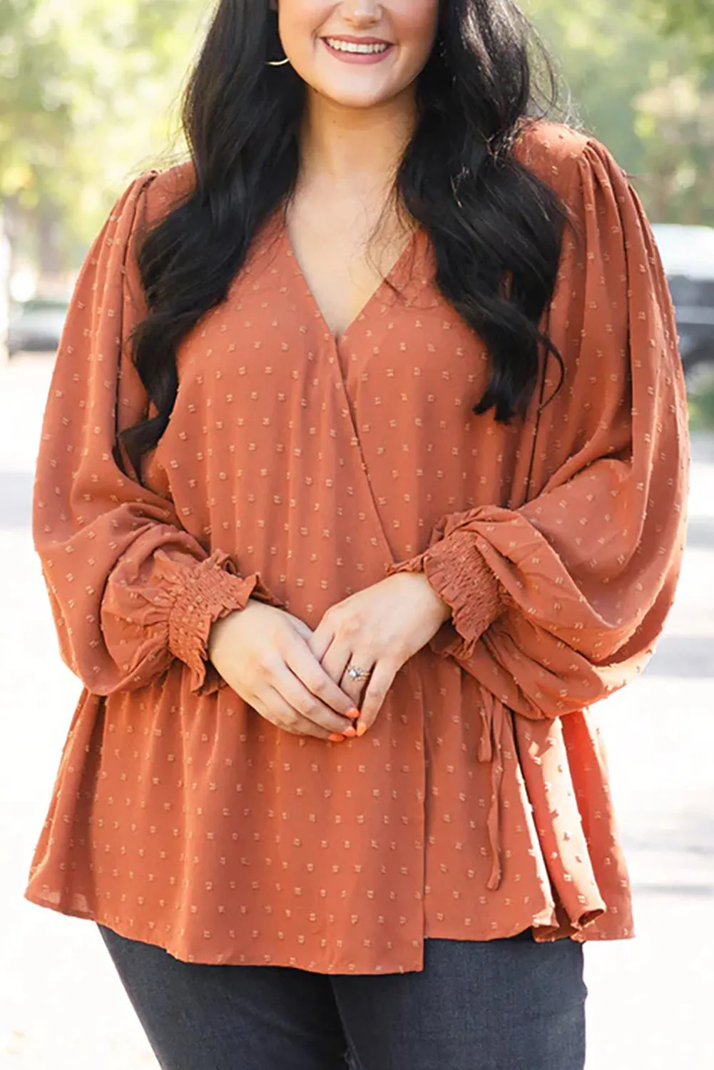 Gold Flame Plus Size Swiss Dot Tie Side Peplum Blouse