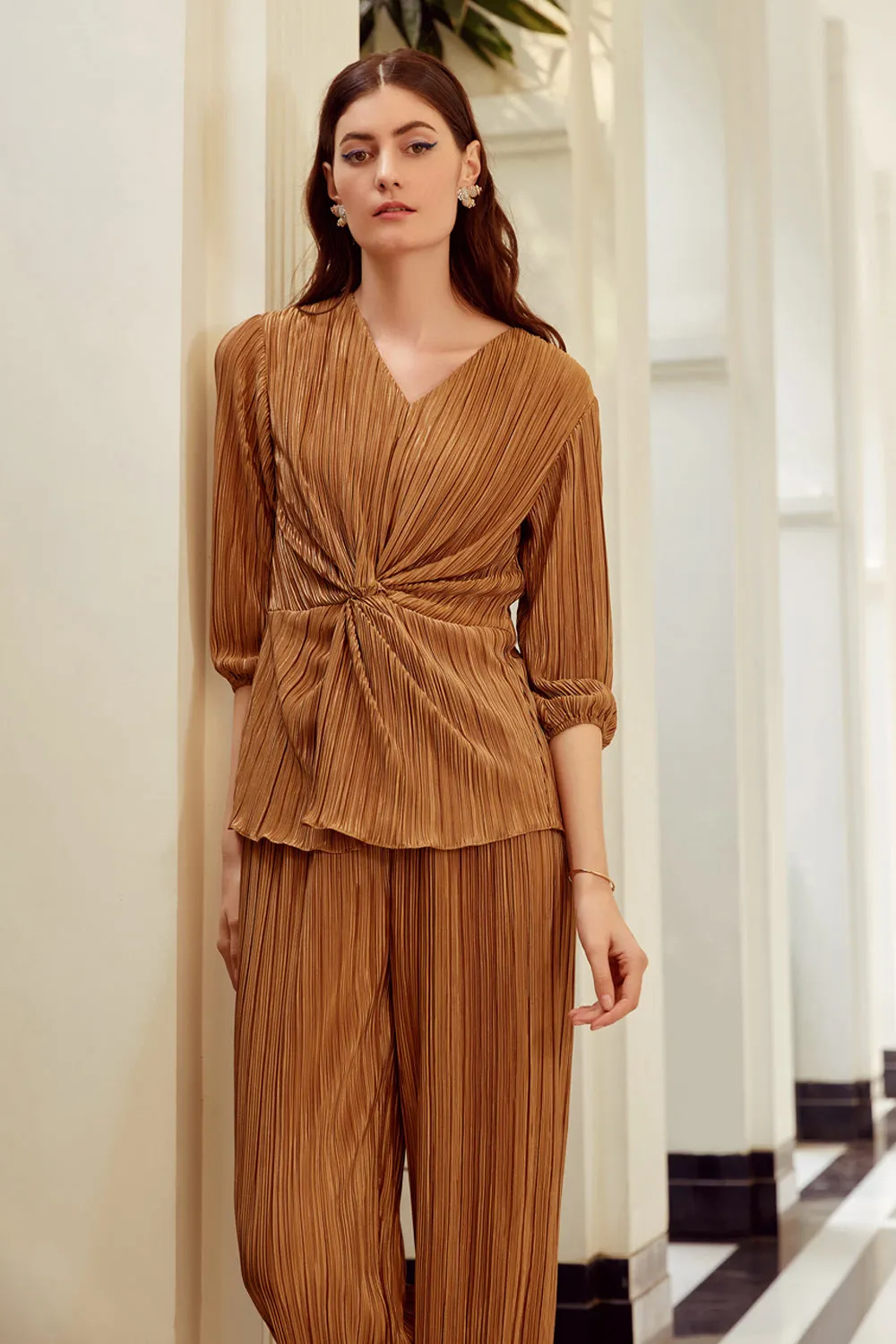 Gold Pleated Knot Co-Ord Set