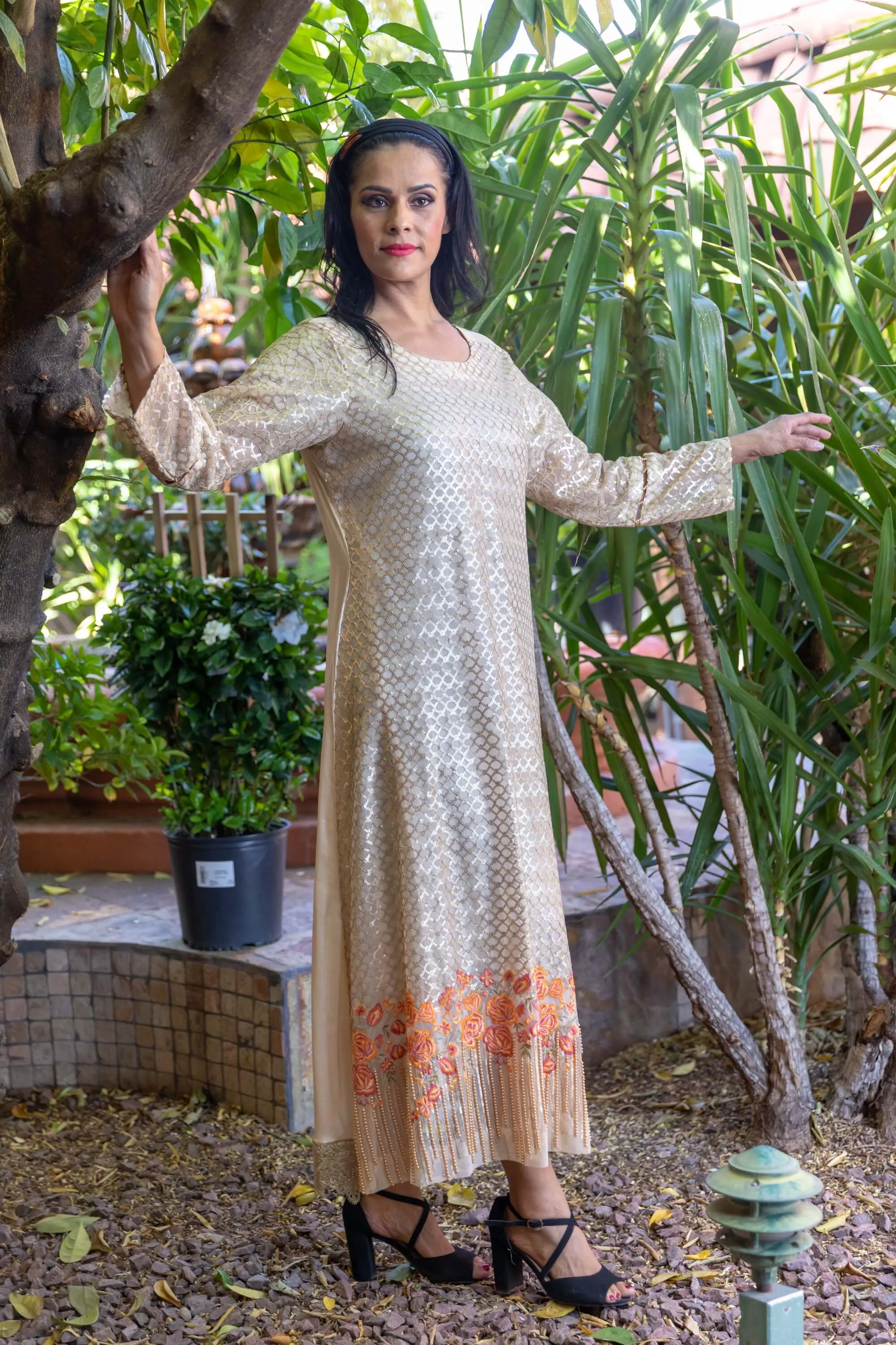 Golden Silk Gown with Embroidery & Beads
