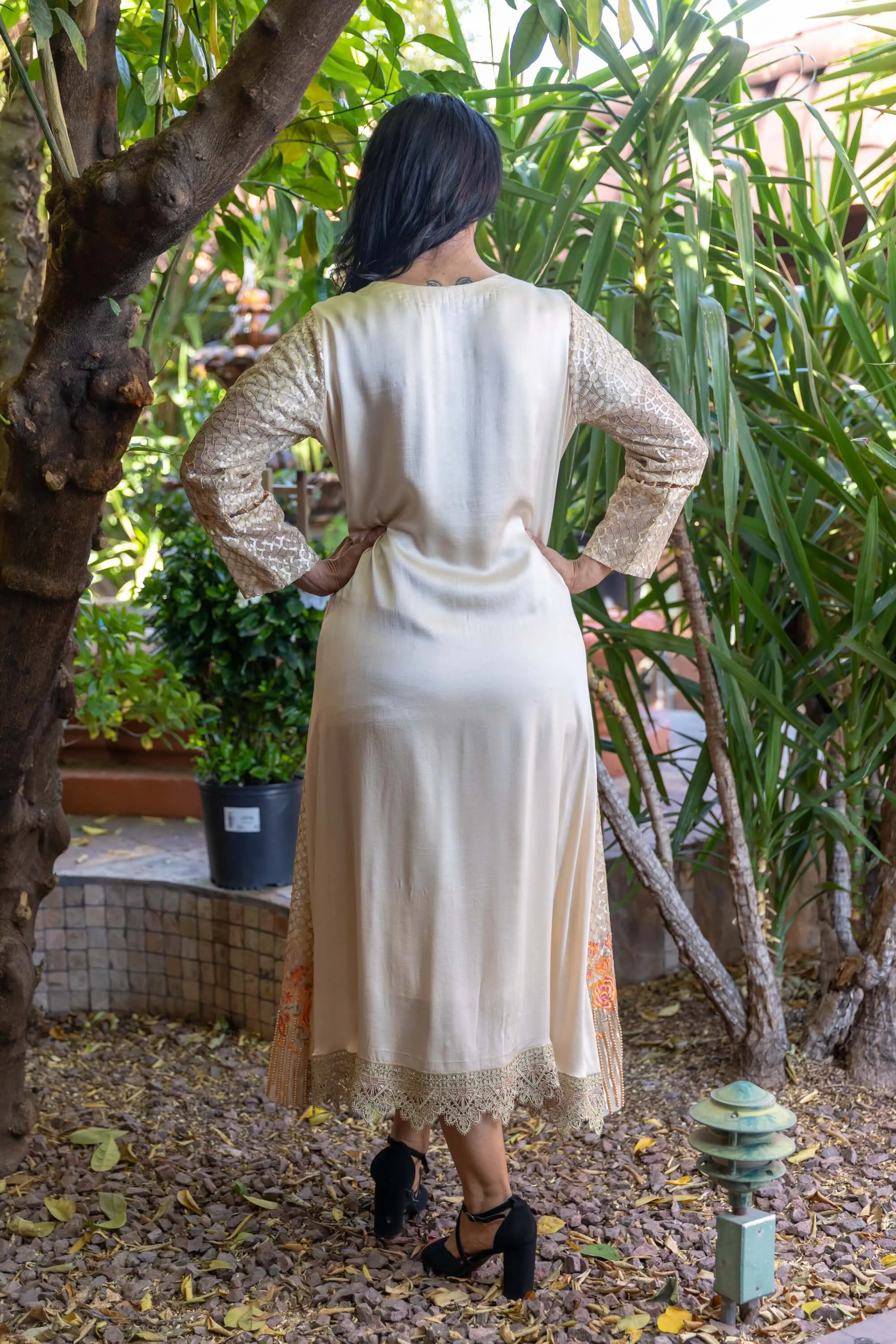 Golden Silk Gown with Embroidery & Beads
