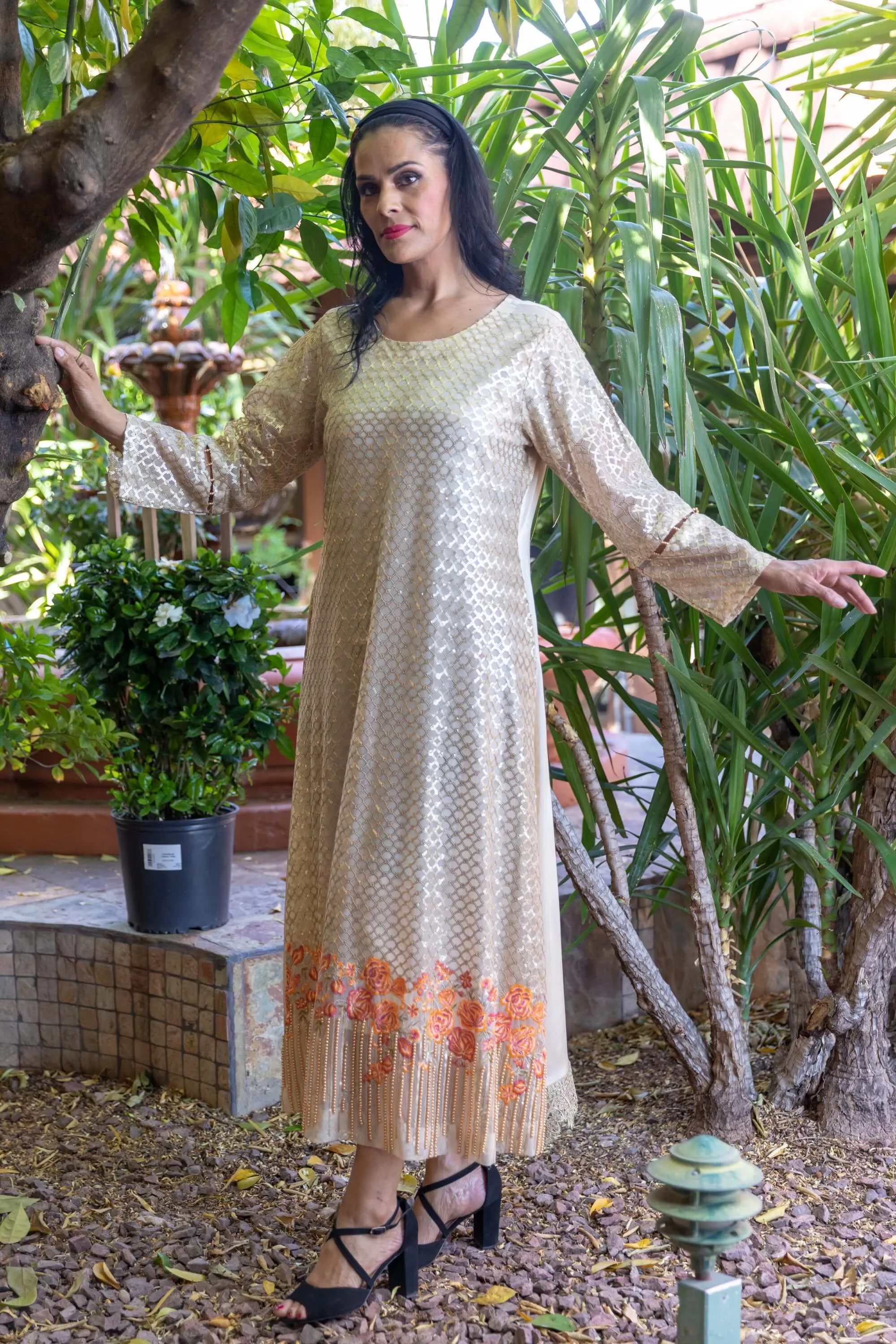 Golden Silk Gown with Embroidery & Beads