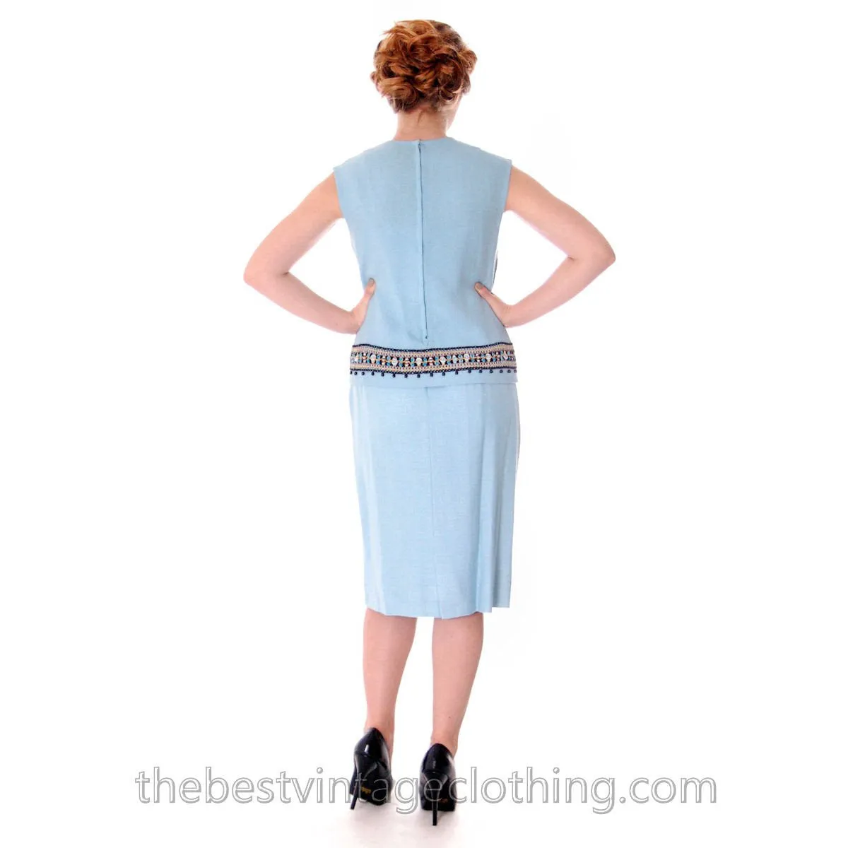 Gorgeous 1960s Vintage Blue Linen 2PC Dress Suit Embroidered Beaded Details 33-25-36