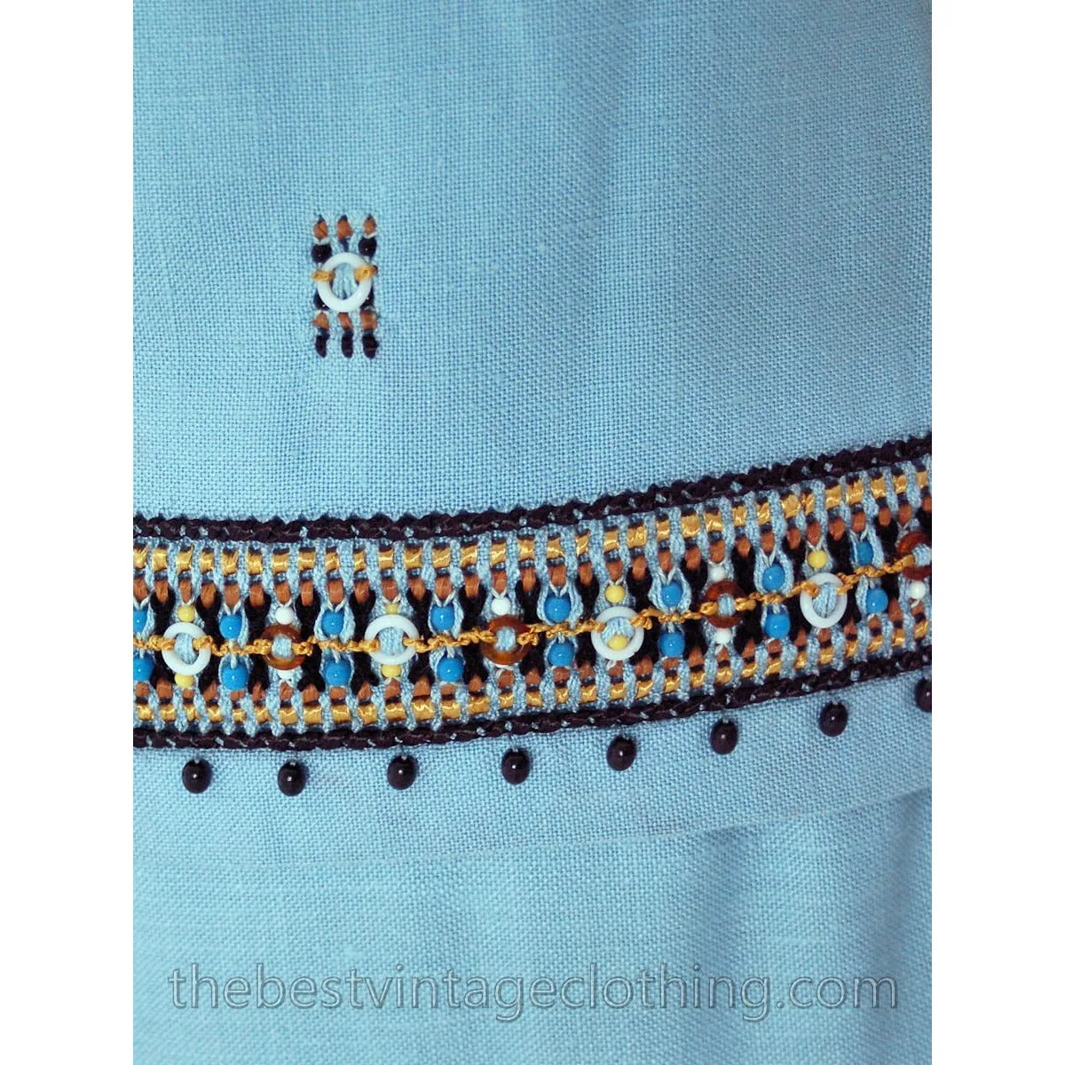 Gorgeous 1960s Vintage Blue Linen 2PC Dress Suit Embroidered Beaded Details 33-25-36