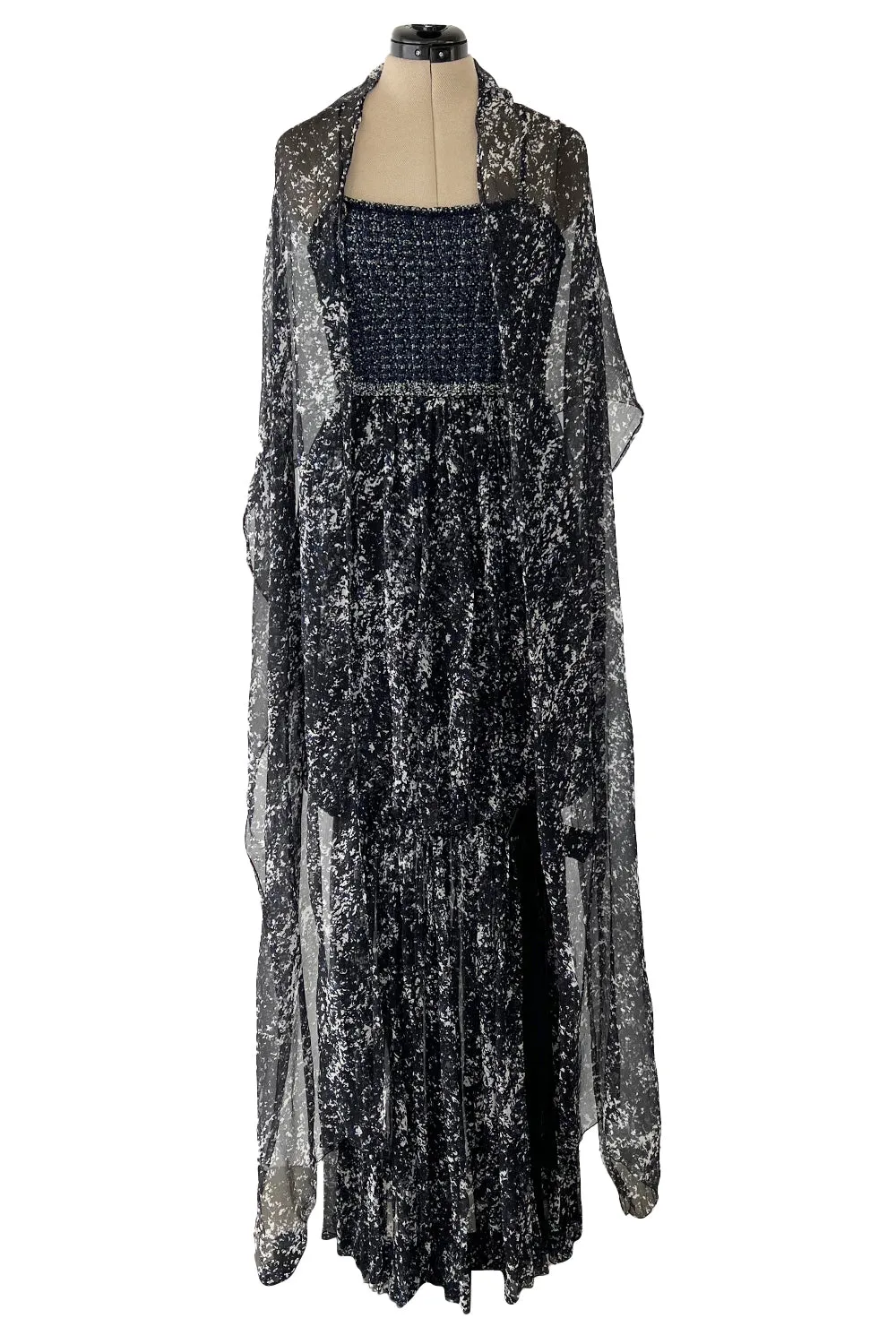 Gorgeous Spring 2012 Chanel by Karl Lagerfeld Hand Crochet Knit & Silk Chiffon Blue Dress w Scarf