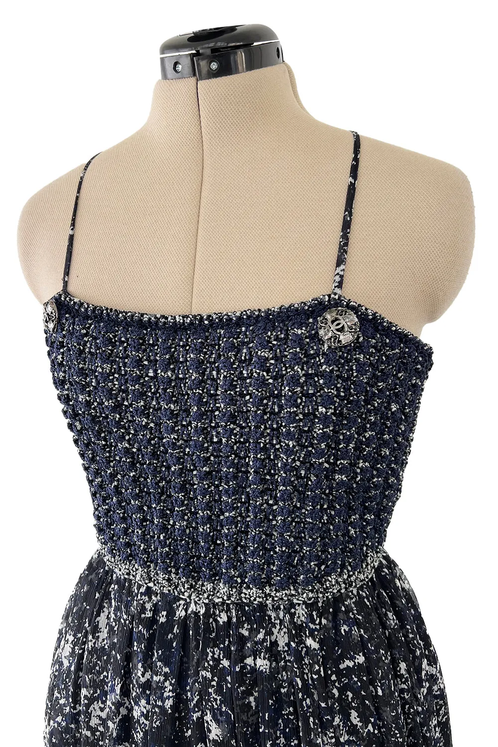 Gorgeous Spring 2012 Chanel by Karl Lagerfeld Hand Crochet Knit & Silk Chiffon Blue Dress w Scarf