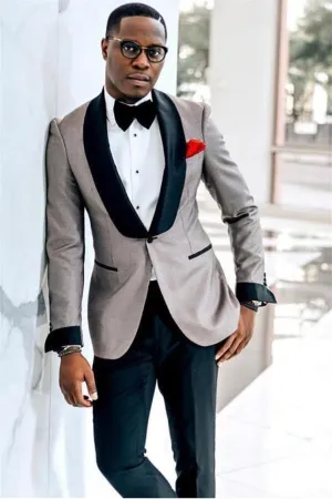 Gray One Button Wedding Groom Mens Suit with Black Lapel