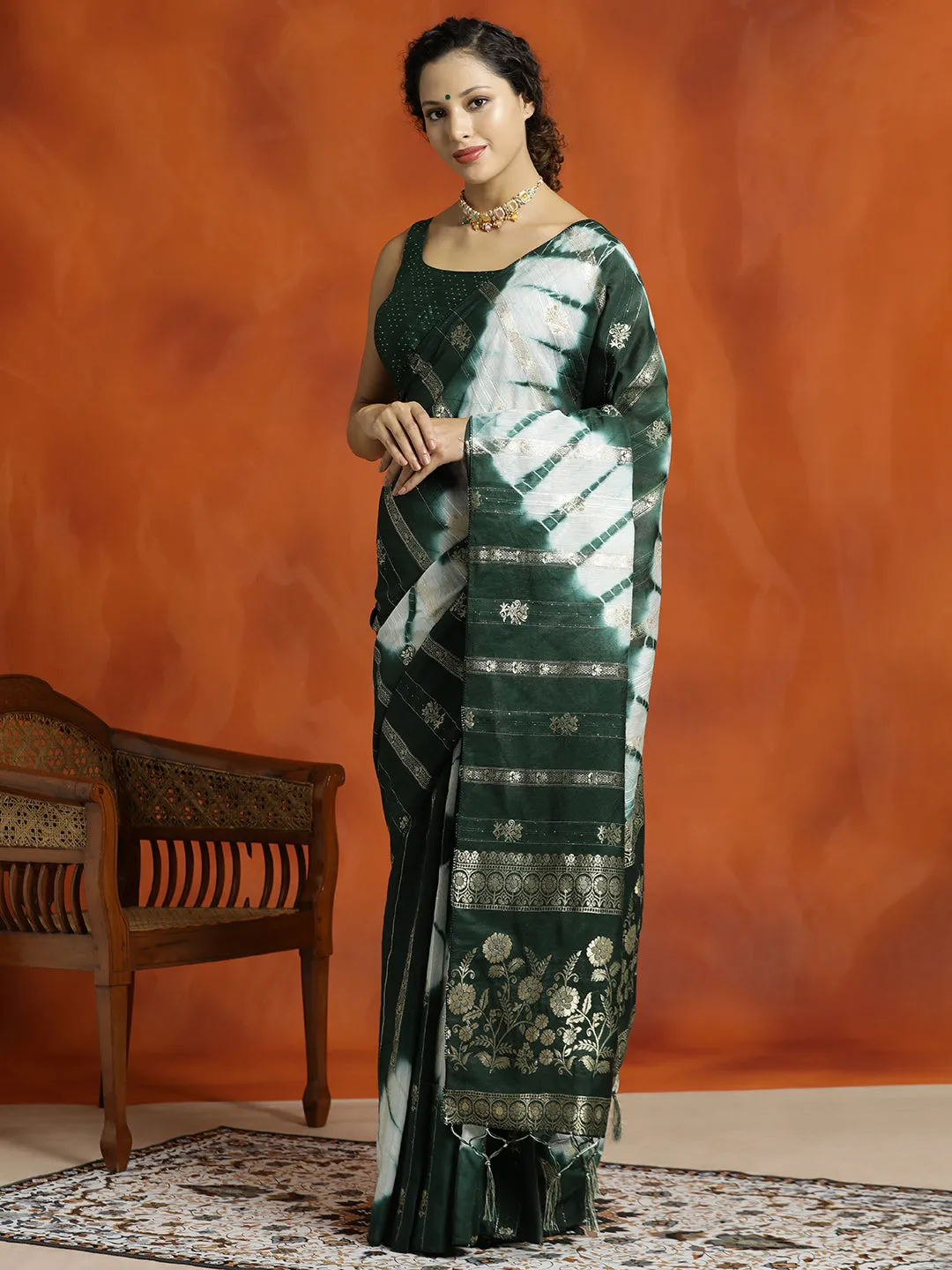 Green Banarasi Cotton Blend Tie-Dye Saree