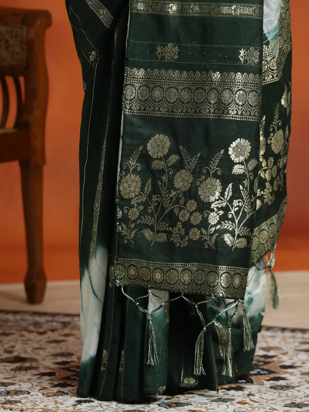 Green Banarasi Cotton Blend Tie-Dye Saree