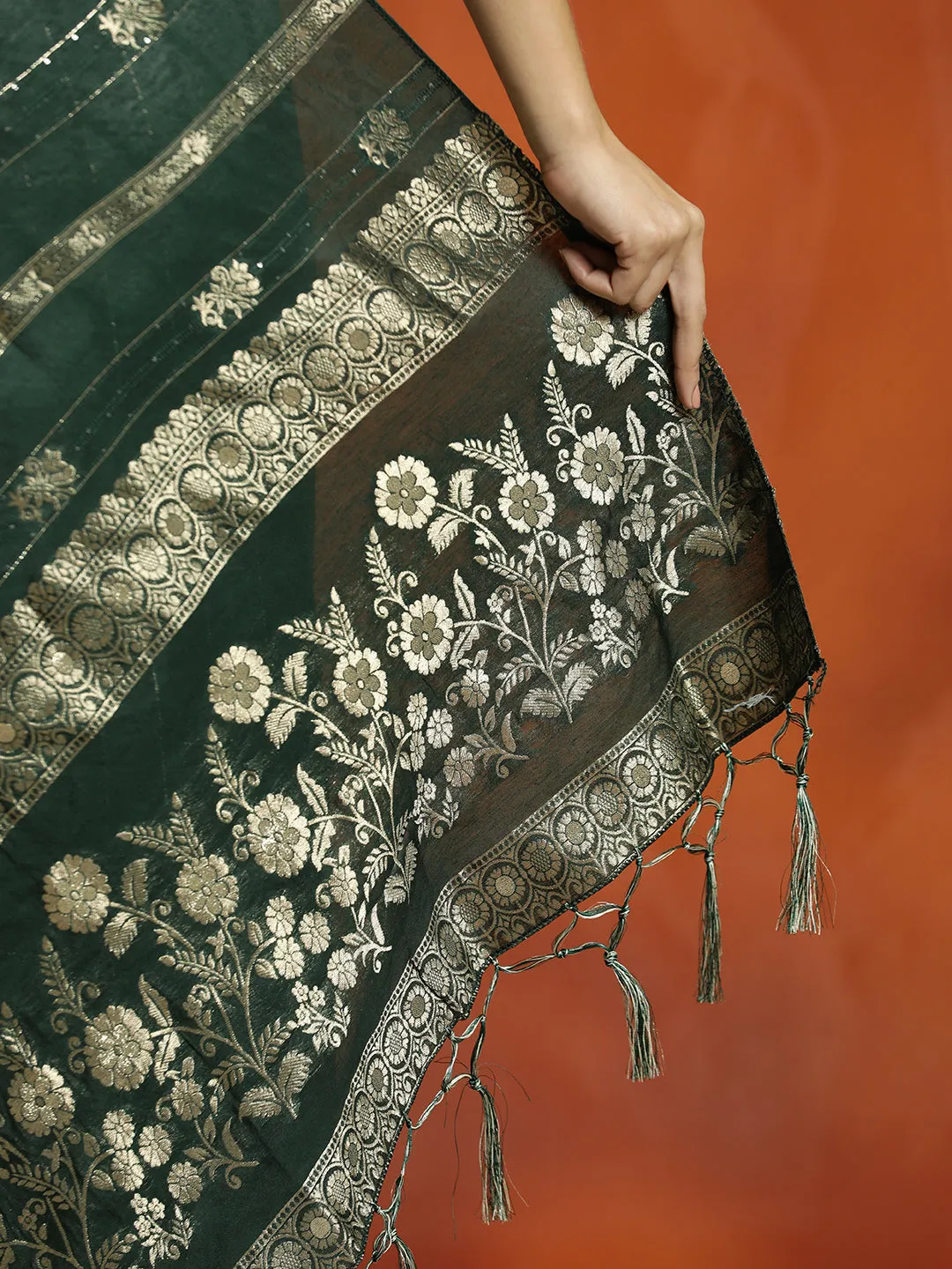 Green Banarasi Cotton Blend Tie-Dye Saree