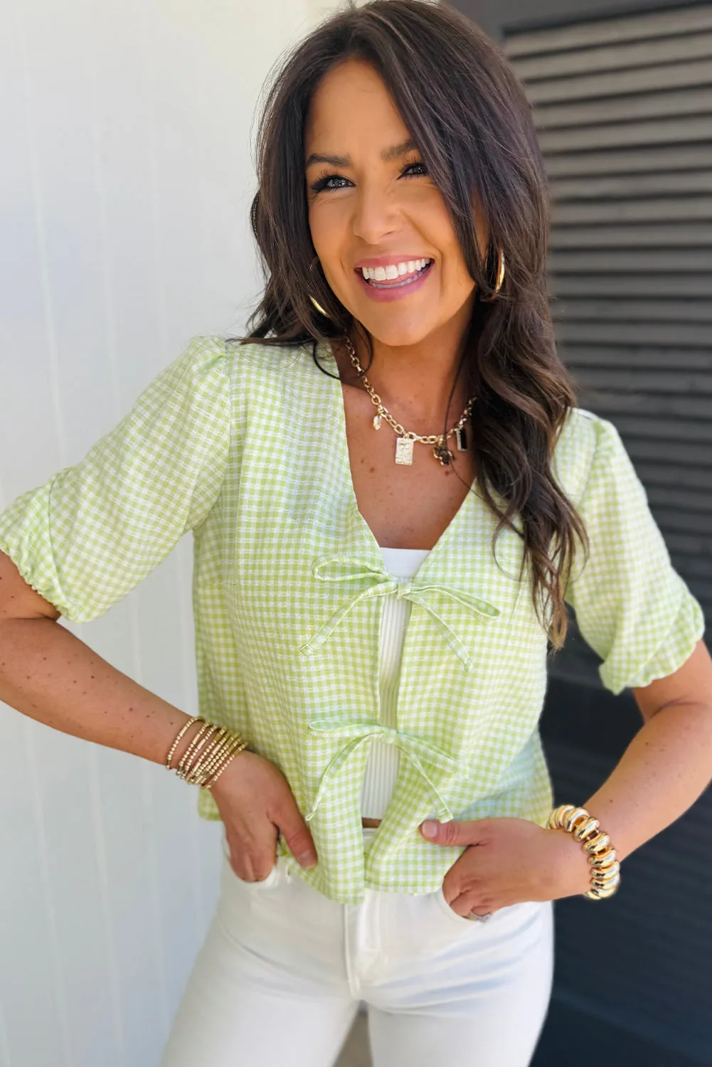 Green Bow Tie Front Plaid Short Sleeve Blouse