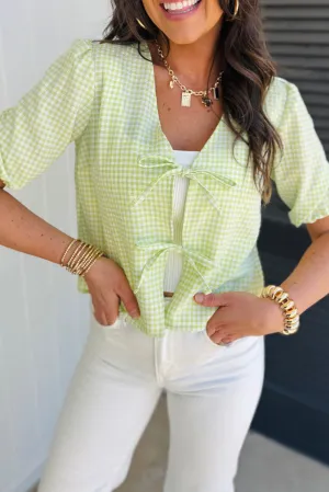 Green Bow Tie Front Plaid Short Sleeve Blouse