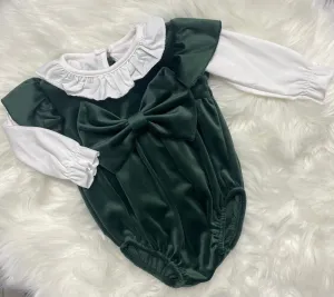 Green Velvet Bow Romper and Blouse Set