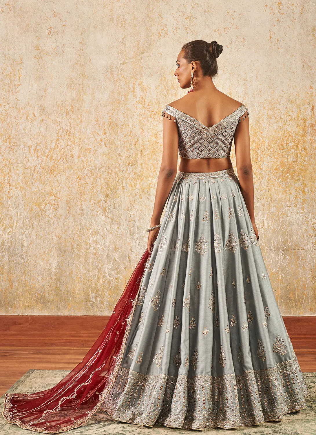 Grey and Maroon Embroidered Lehenga