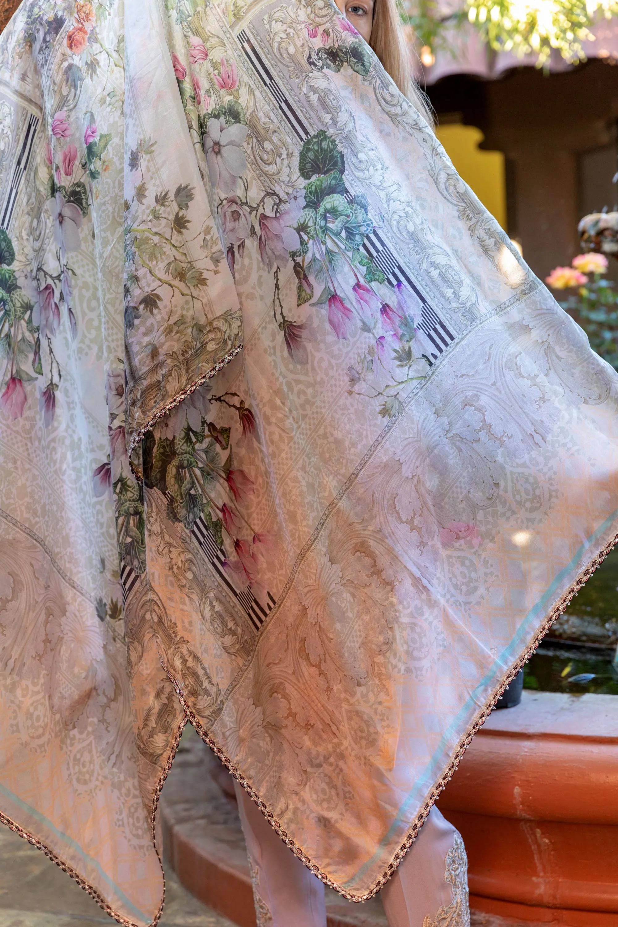 Grey-Pink Colored Silk-Chiffon Embroider Salwar Kameez