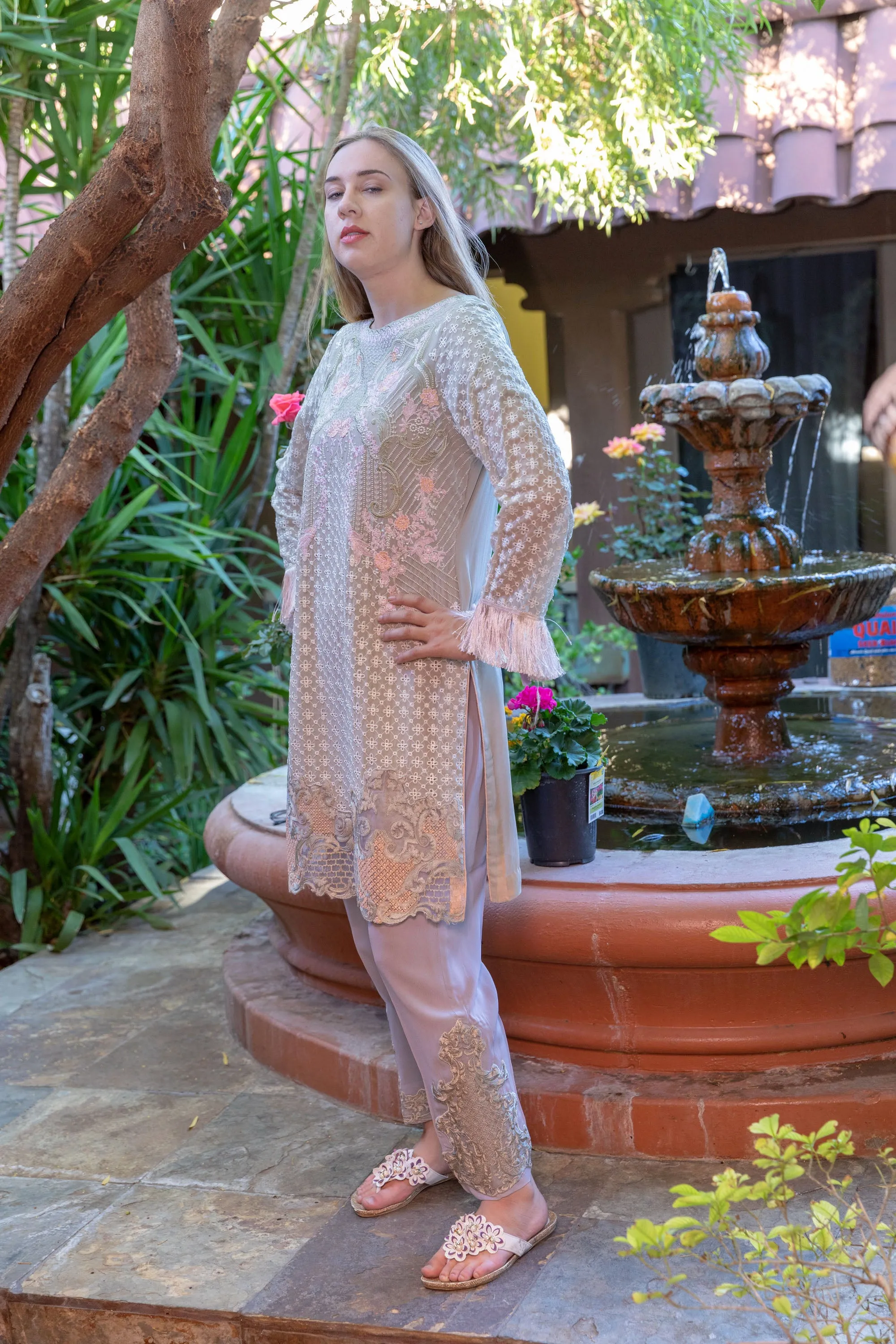 Grey-Pink Colored Silk-Chiffon Embroider Salwar Kameez