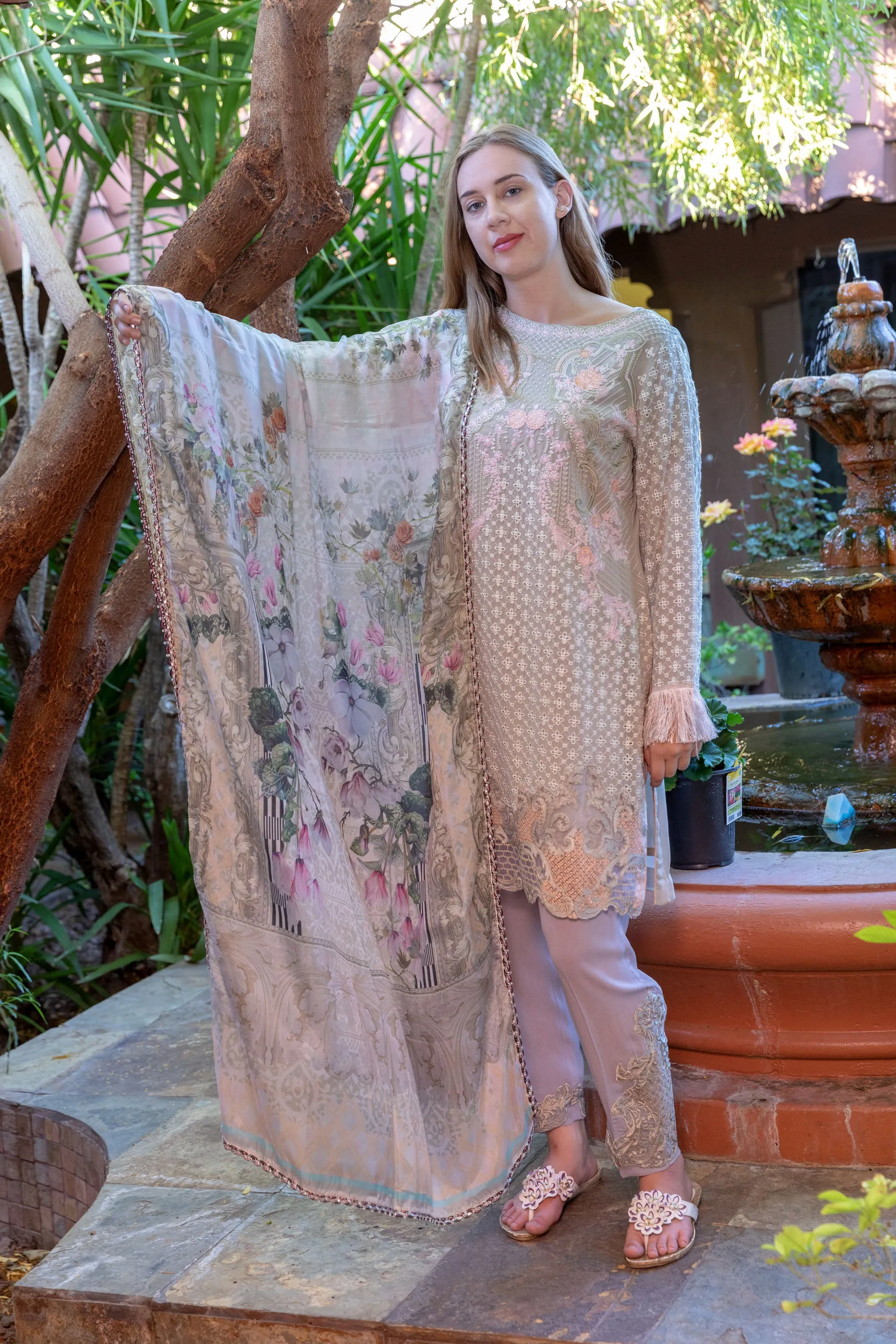 Grey-Pink Colored Silk-Chiffon Embroider Salwar Kameez