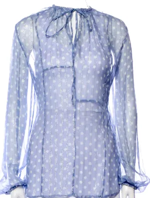 Haider Ackermann Belgium.  Blue Polka Dot Print Tie Neck Blouse